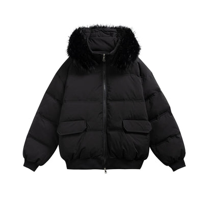 Women's Boxy Puffer Jacket with Hood and Voluminous Faux Fur Collar EVA-US
