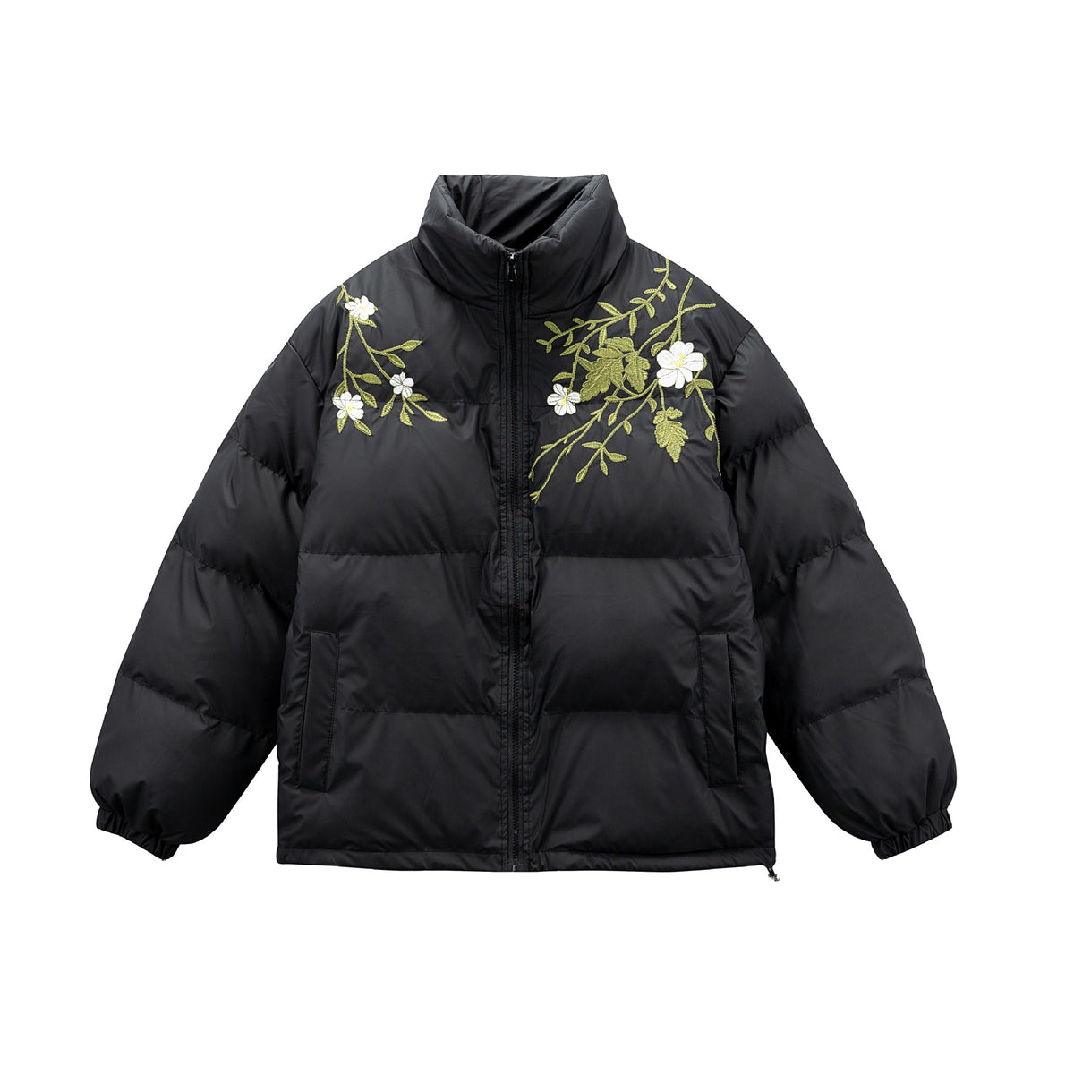 Women's Padded Oversized Quilted Jacket with Stand-up Collar and Floral Embroidery EVA-US