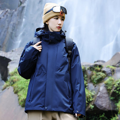 Women’s technical multi-layer hardshell rain jacket with adjustable hood, chest strap, and water-resistant zippers EVA-US