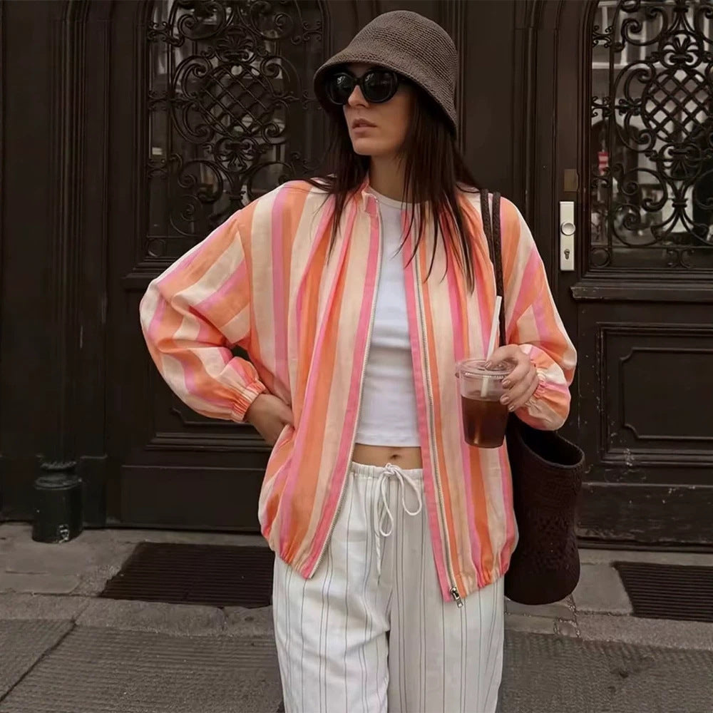 Women Striped Lightweight Bomber Jacket with Balloon Sleeves and Stand Collar EVA-US