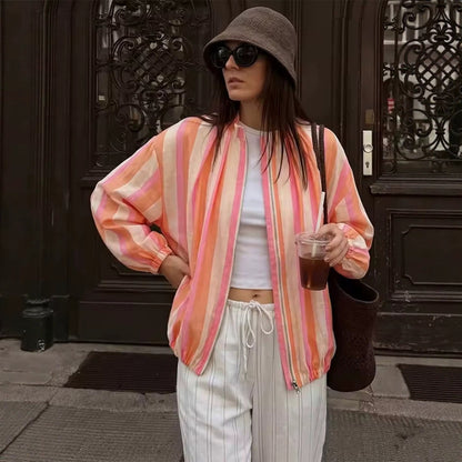 Women Striped Lightweight Bomber Jacket with Balloon Sleeves and Stand Collar EVA-US