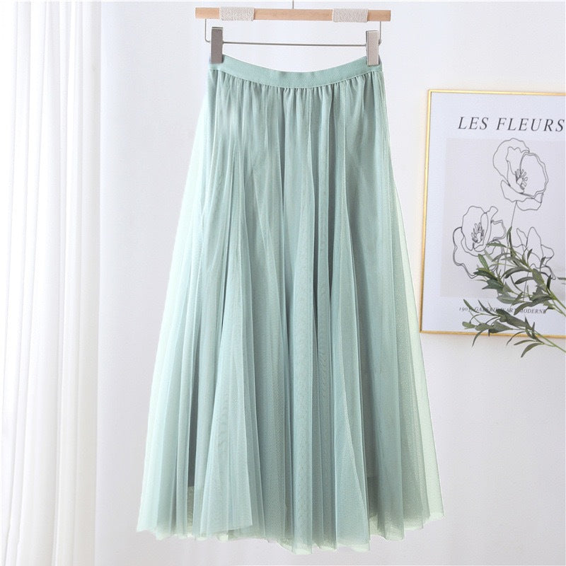 Women Tulle Skirt Layered Floor-Length A-Line Elastic Waistband
