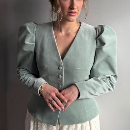 Women's Tailored Velvet Blazer with Emphasized Waist, V-Neck and Voluminous Puff Sleeves EVA-US
