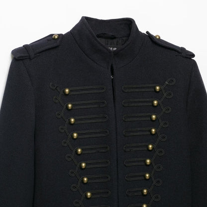 Women's Slim Military-Inspired Short Jacket with Cord Decoration and Brass Buttons EVA-US