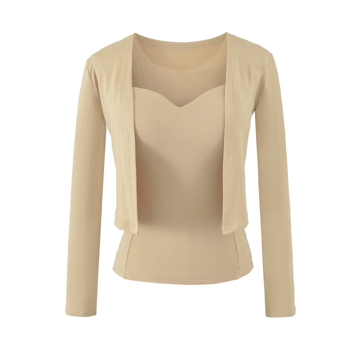 Ladies Two-Piece Fine Knit Top Set with Mesh Insert and Open Cardigan EVA-US
