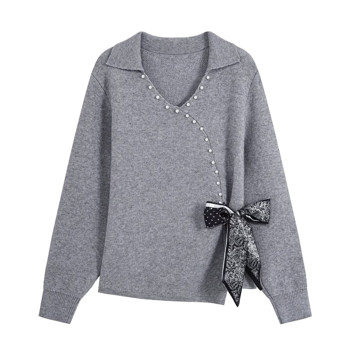 Ladies Two-Piece Fine Knit Set with V-Wrap Top, Bead Trim and Pleated Midi Skirt EVA-US