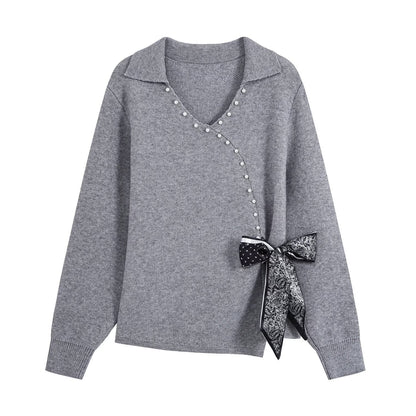 Ladies Two-Piece Fine Knit Set with V-Wrap Top, Bead Trim and Pleated Midi Skirt EVA-US