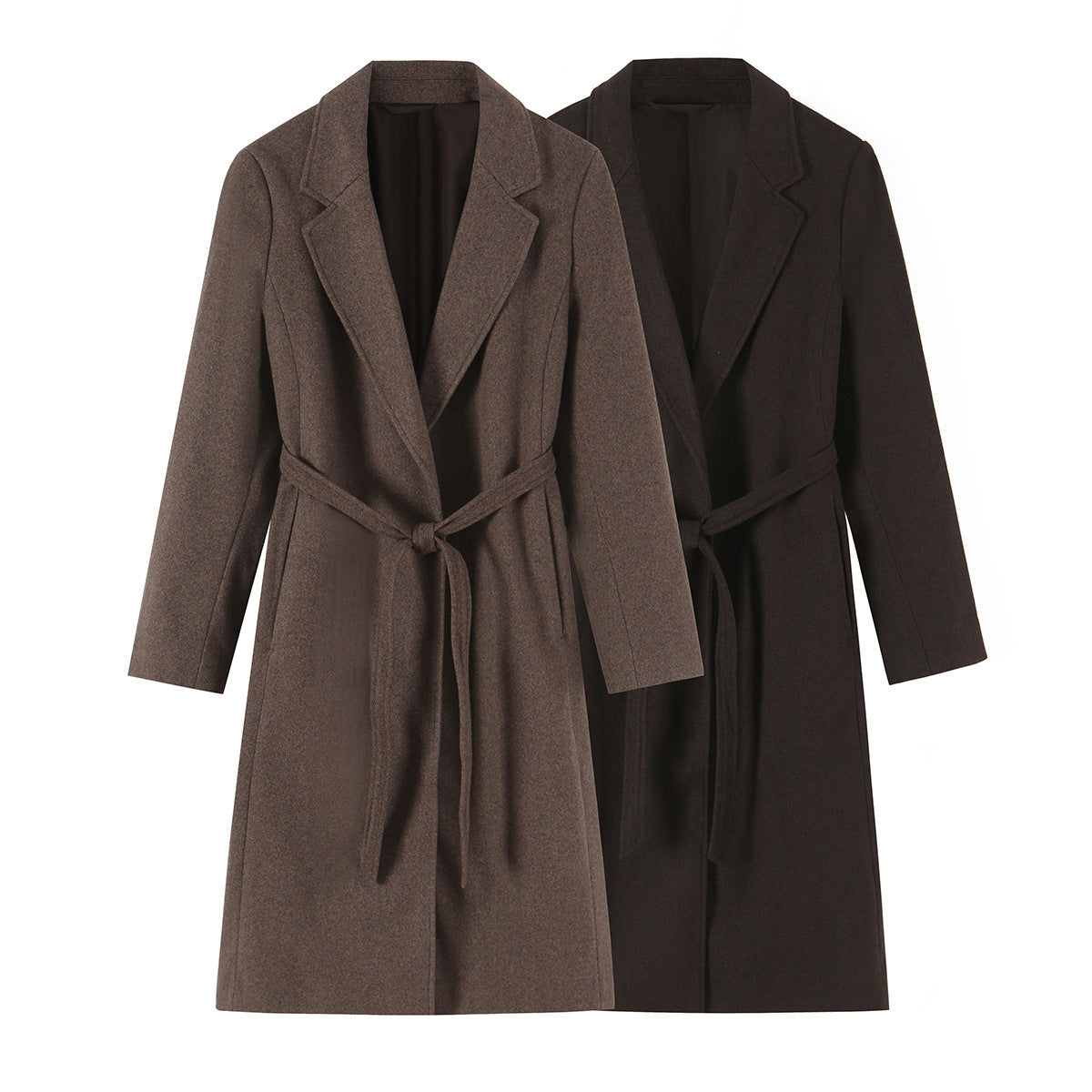 Women's Tailored Wool Blend Coat with Notch Collar and Tied Belt EVA-US