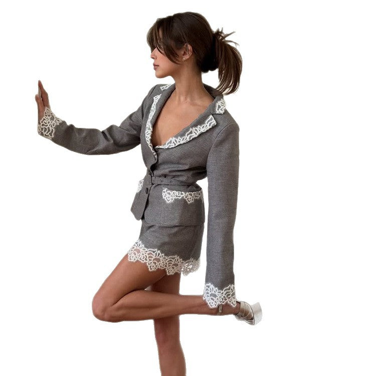 Women's Tailored Blazer Set with Lace Trim, Waist Belt & Mini Skirt EVA-US