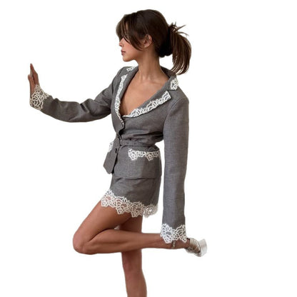 Women's Tailored Blazer Set with Lace Trim, Waist Belt & Mini Skirt EVA-US