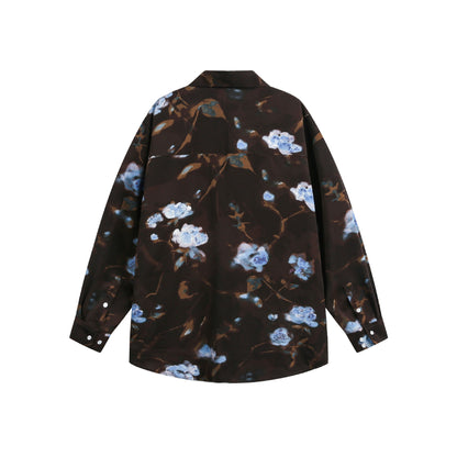 Women's Oversized Shirt Blouse with Floral Watercolor Print and Chest Pocket EVA-US