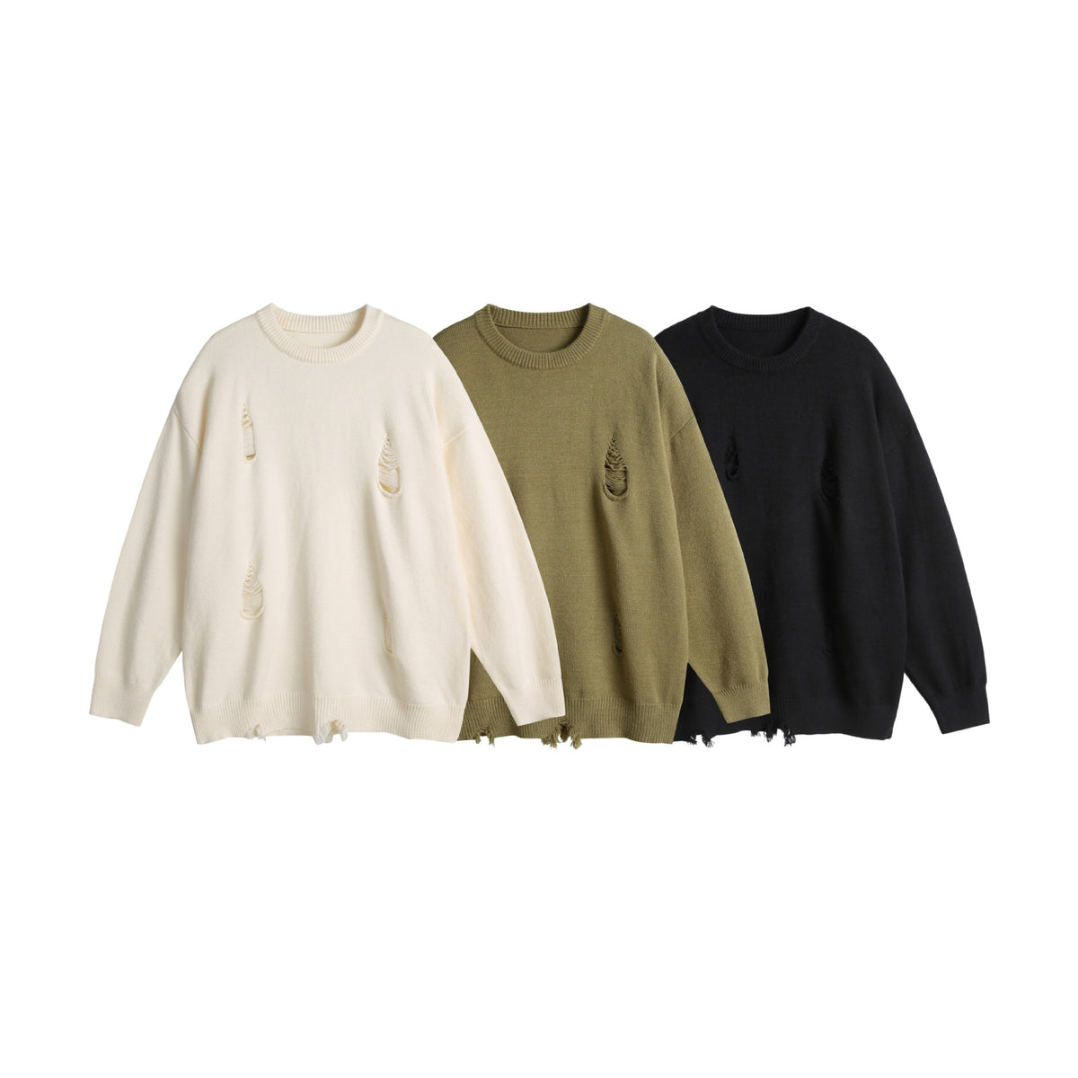 Unisex Oversize Knit Sweater with Destroyed Detail and Ribbed Cuffs EVA-US