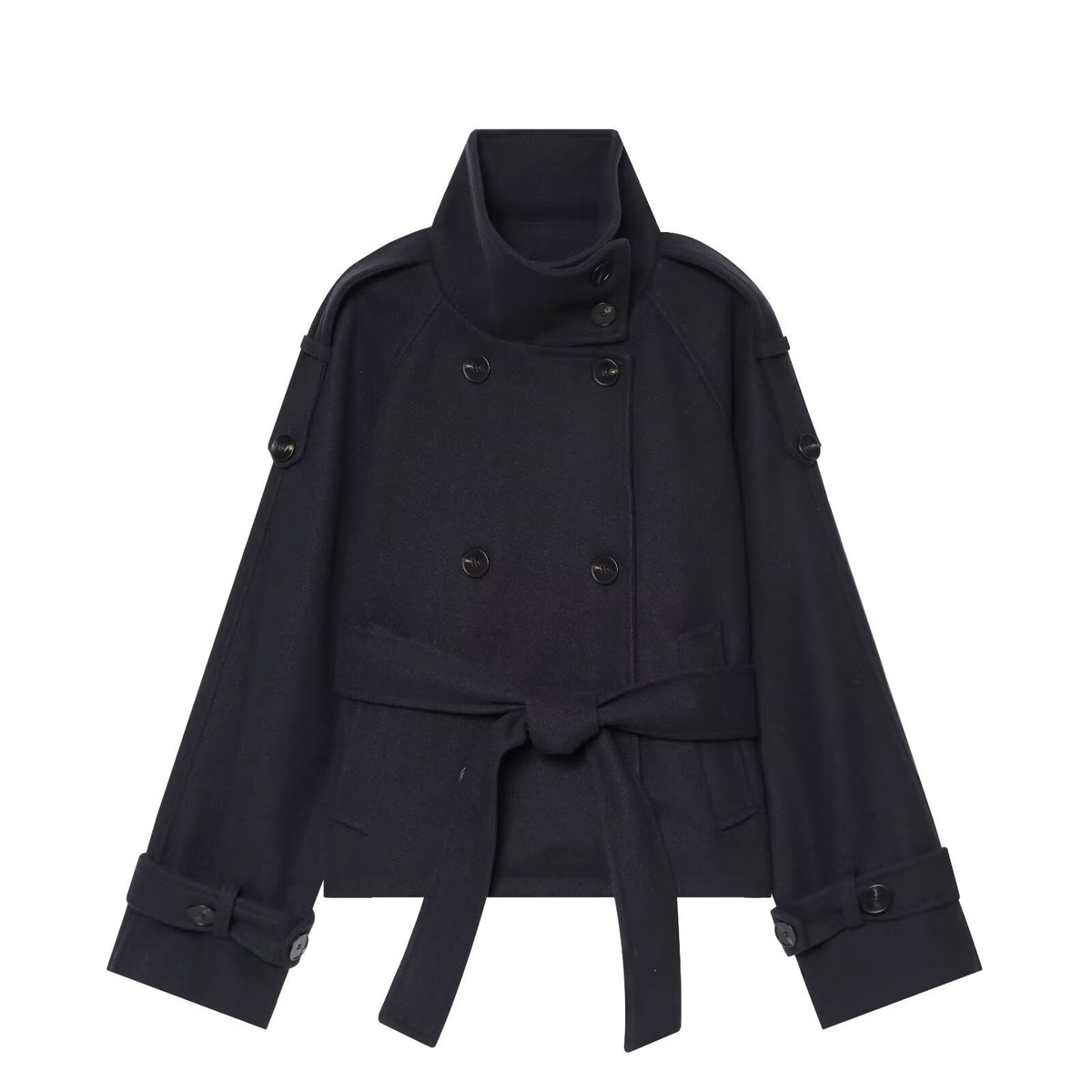 Ladies short cape jacket made of wool blend with high standing collar, double-breasted and tie belt EVA-US