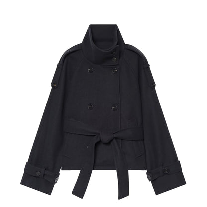 Ladies short cape jacket made of wool blend with high standing collar, double-breasted and tie belt EVA-US