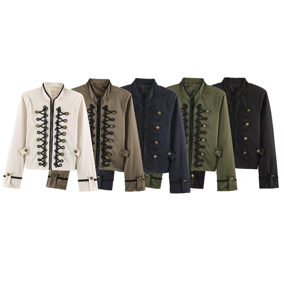 Women's Cropped Jacket in Sailor-Military Mix with Decorative Cords and Brass Buttons EVA-US
