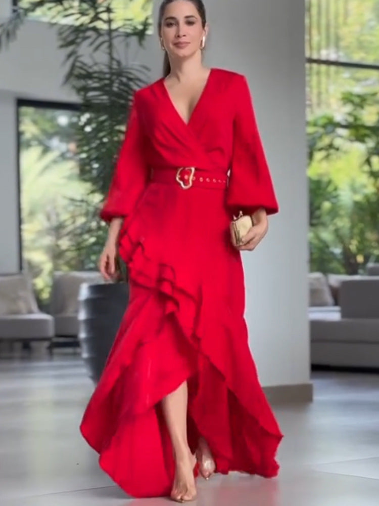 Women's Elegant Wrap Maxi Dress with Ruffles, Fitted Belt & Wide Bell Sleeves EVA-US
