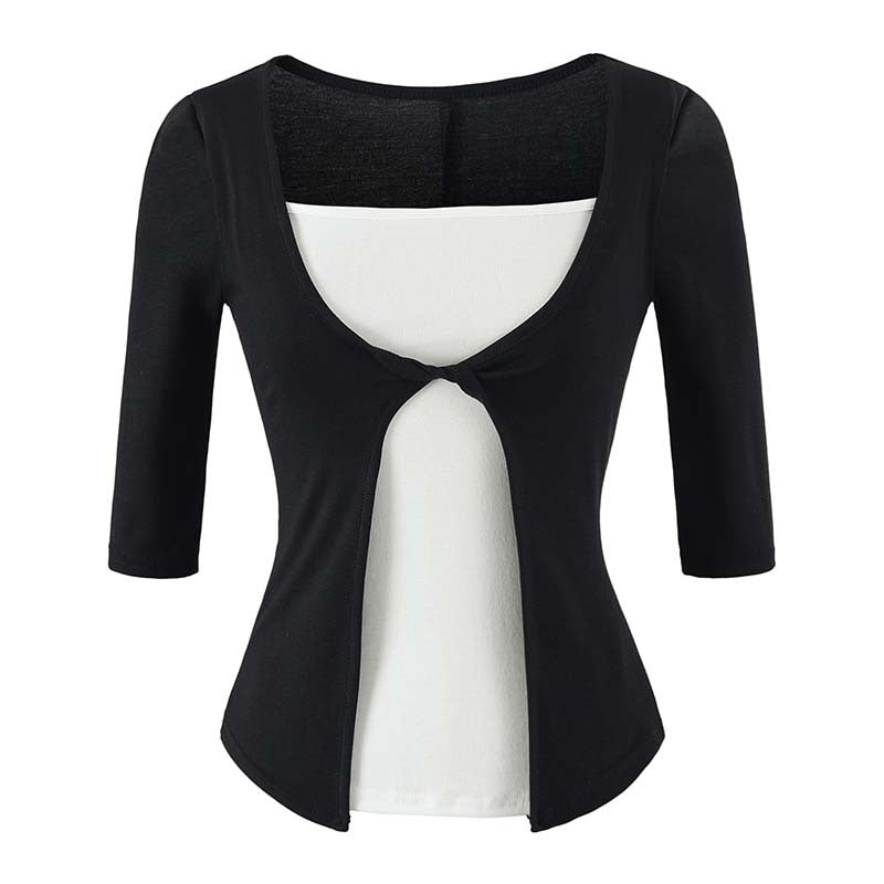 Women Layered Look Shirt with Knot Front, Three-Quarter Sleeves and Integrated Under Top EVA-US