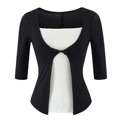Women Layered Look Shirt with Knot Front, Three-Quarter Sleeves and Integrated Under Top EVA-US