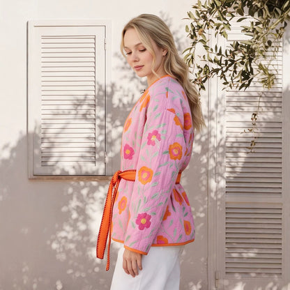 Women's Quilted Floral Kimono with Tie Belt EVA-US