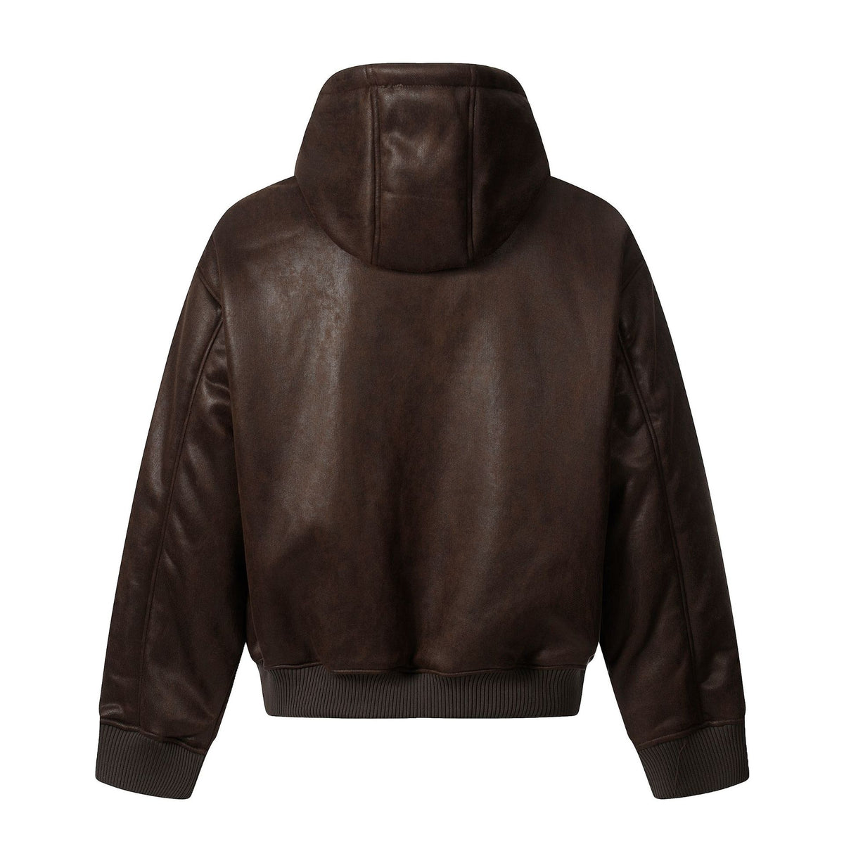 Men's hooded leather jacket with teddy lining and ribbed cuffs EVA-US