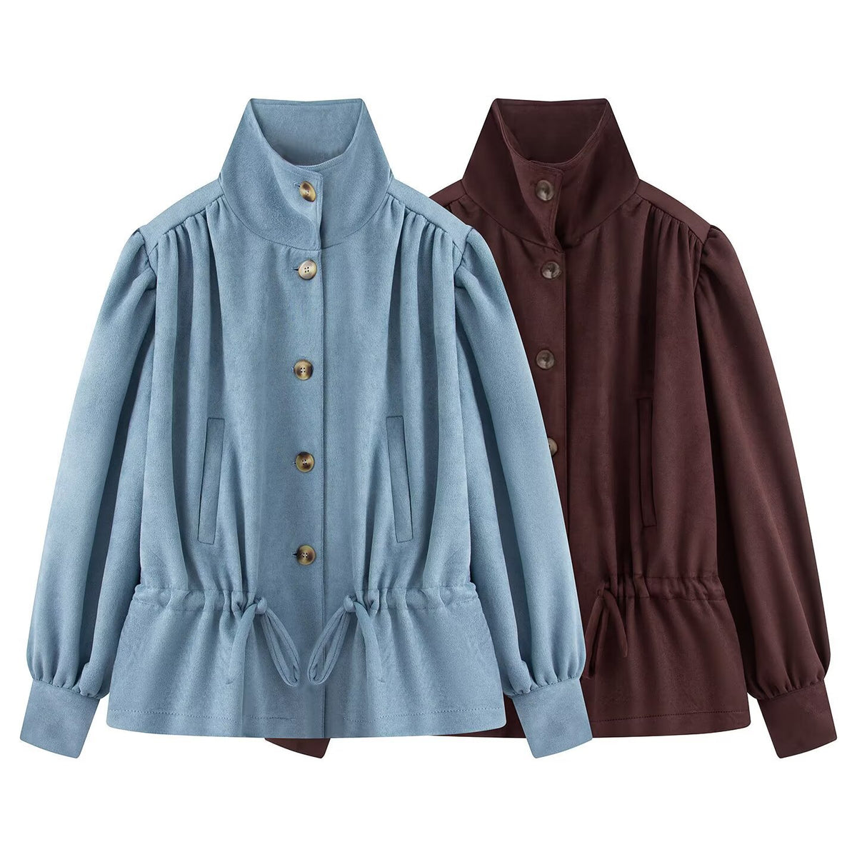 Women's Tailorable Short Jacket with Drawstring, Stand-up Collar, and Balloon Sleeves EVA-US