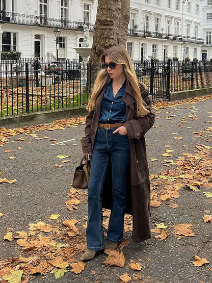 Ladies Long Cut Suede Trench Coat with Oversized Collar and Tie Belt EVA-US