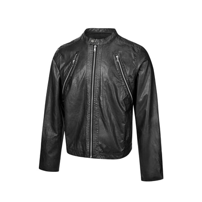 Men's vintage-inspired biker jacket with stand-up collar and two-way zipper EVA-US
