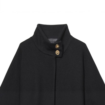 Ladies Cape Coat with Stand Collar, Tie Belt and Decorative Decorative Buttons EVA-US