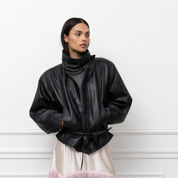 Women's Oversized Faux Leather Bomber Jacket with High Stand Collar and Waist Belt EVA-US