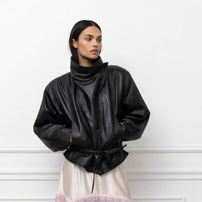 Women's Oversized Faux Leather Bomber Jacket with High Stand Collar and Waist Belt EVA-US
