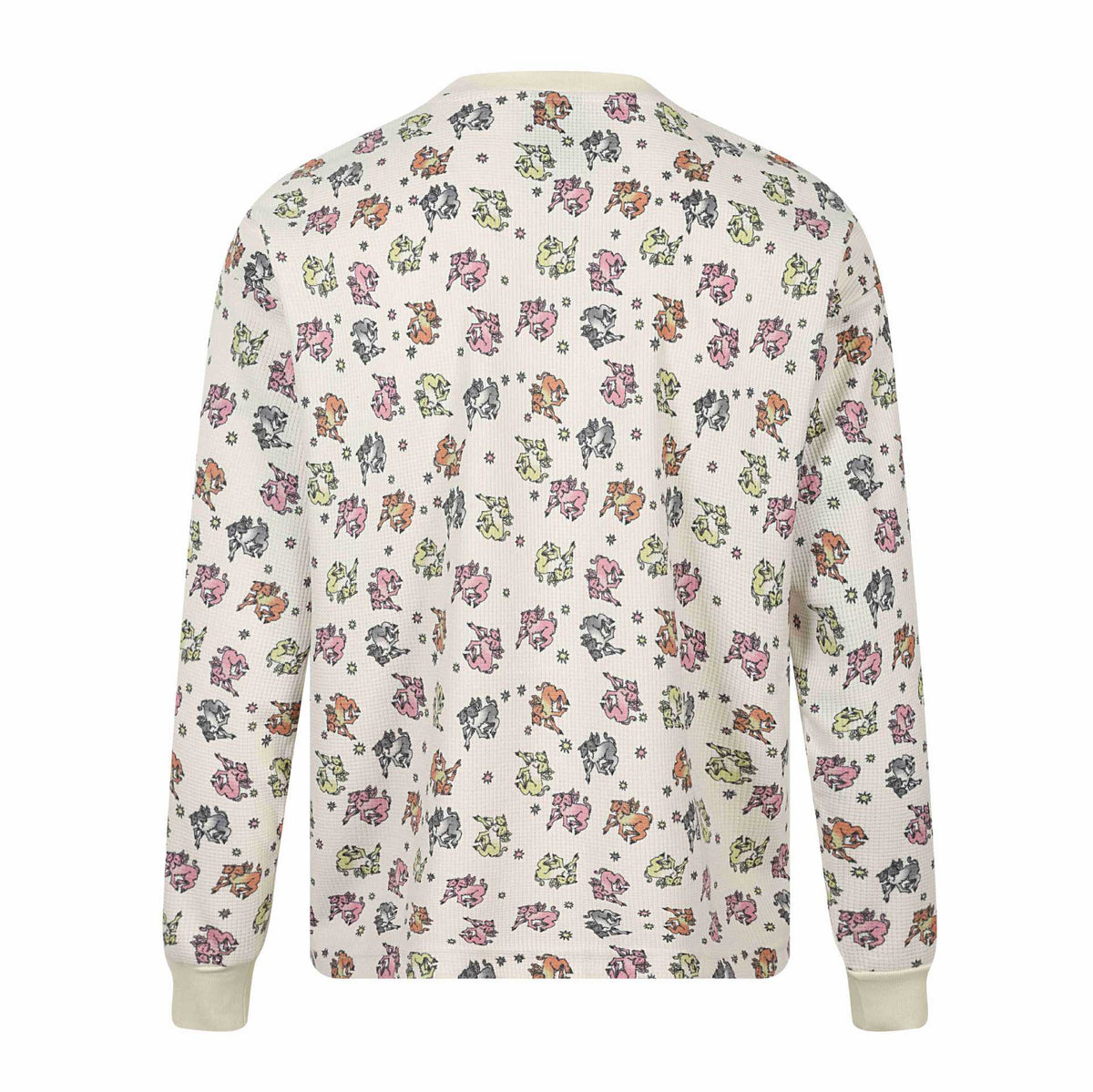 Women's waffle thermal shirt with playful allover print and ribbed round neck