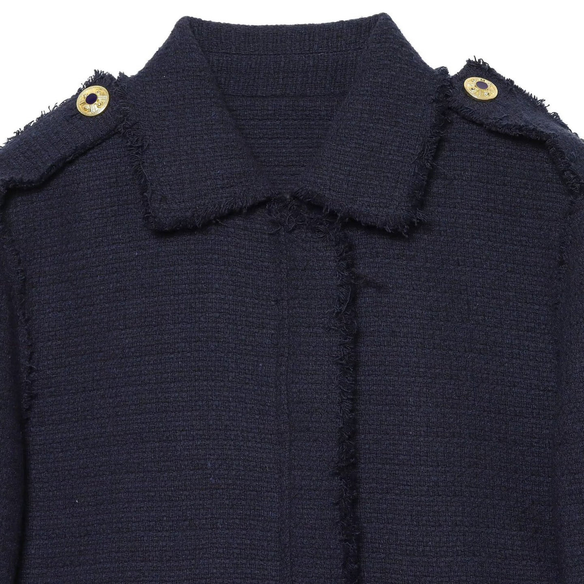 Women Short Boucle Jacket with Fringe Hem, Shoulder Pads and Patch Pockets EVA-US