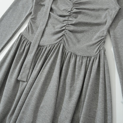 Women Long Jersey Maxi Dress with Gathering, V-Neck and Tied Scarf EVA-US