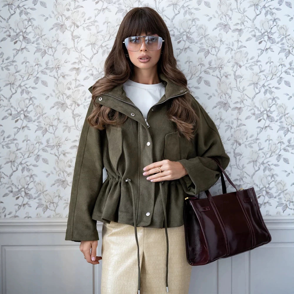 Women's short jacket made of suede look with hood, drawstring waist and patch pockets EVA-US