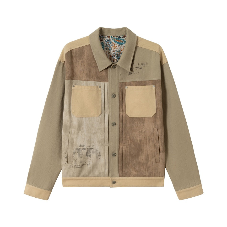 Men's Patchwork Canvas Blouson Jacket in Vintage Look with Contrast Pockets and Paisley Lining EVA-US