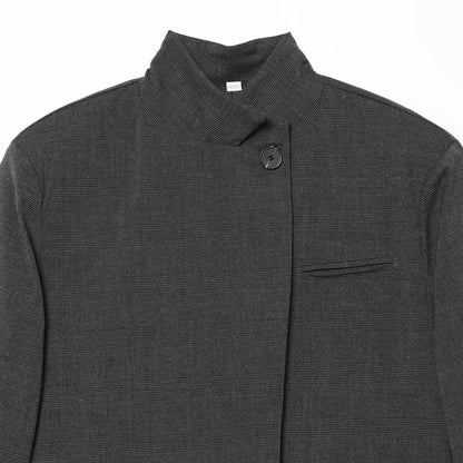 Women Checked Long Blazer with Stand Collar, Concealed Button Placket and Flap Pockets EVA-US