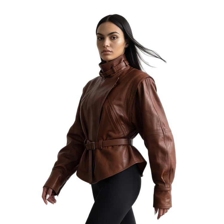 Women Tailored Faux Leather Jacket with Stand Collar, Neck Strap and Figure-Shaping Waist Belt EVA-US