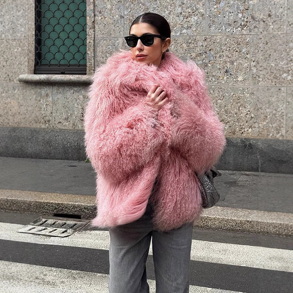 Women Short Cut Shaggy Faux Fur Coat with voluminous Shawl Collar and Oversized Silhouette EVA-US