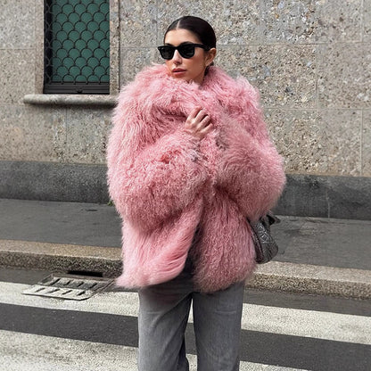 Women Short Cut Shaggy Faux Fur Coat with voluminous Shawl Collar and Oversized Silhouette EVA-US