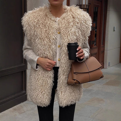 Women's Longer Cozy Faux Fur Vest with Shaggy Look and Front Pockets EVA-US