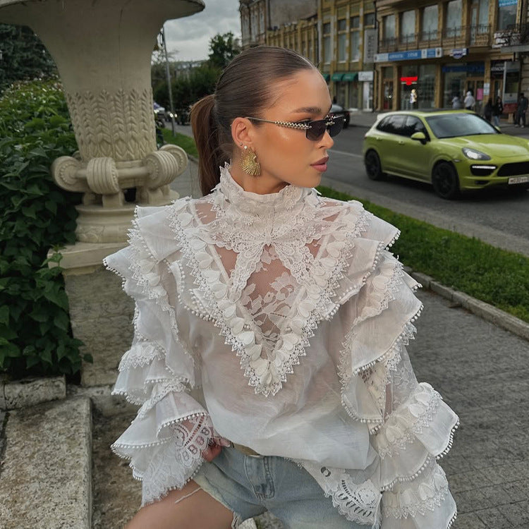 Women's Transparent Lace Blouse with Ruffle Sleeves and High Stand-Up Collar EVA-US