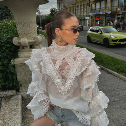 Women's Transparent Lace Blouse with Ruffle Sleeves and High Stand-Up Collar EVA-US