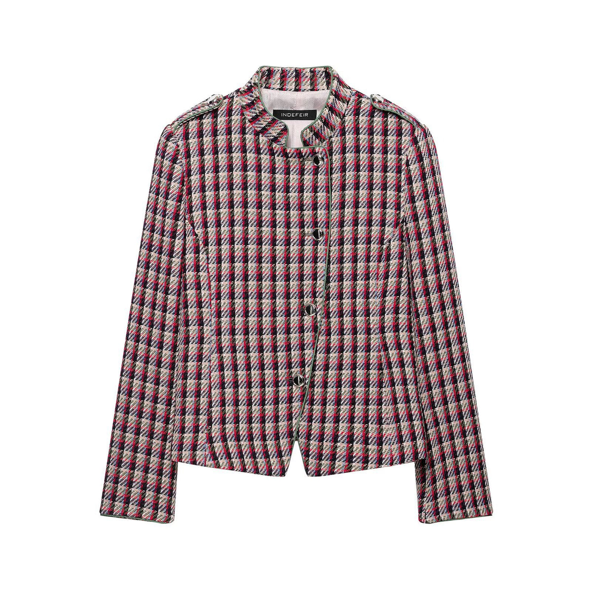 Women Short Blazer Jacket in Boucle Tweed with Stand Collar and Shoulder Pads EVA-US