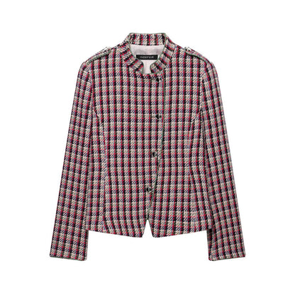 Women Short Blazer Jacket in Boucle Tweed with Stand Collar and Shoulder Pads EVA-US