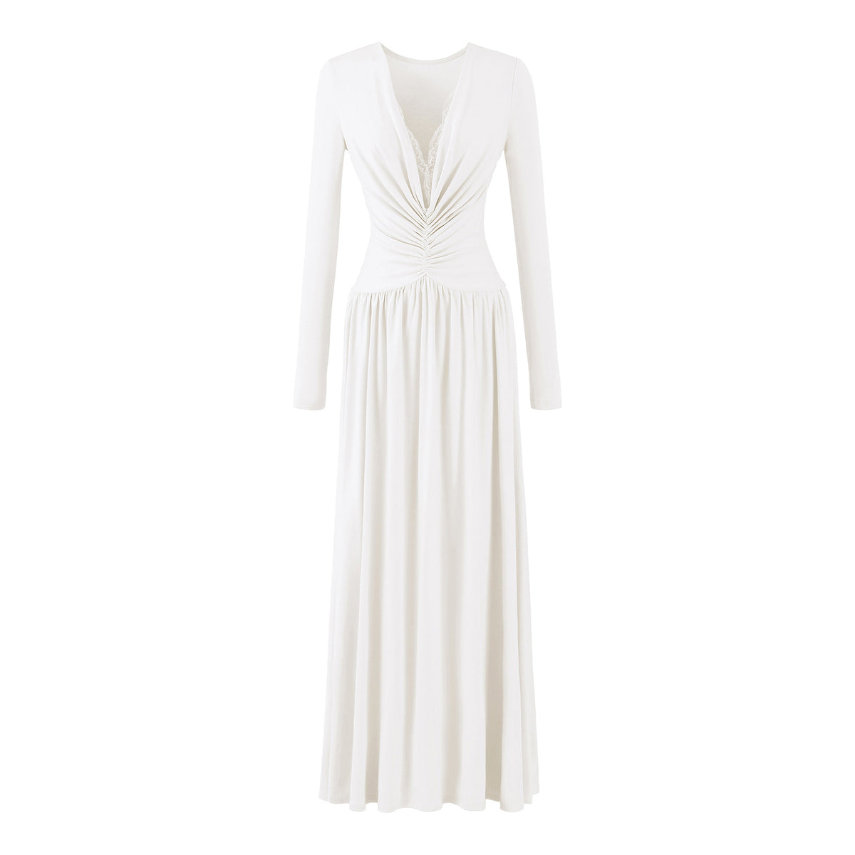 Women Maxi Dress with Ruched Wrap Top, Deep V-Neck and Lace Trim EVA-US