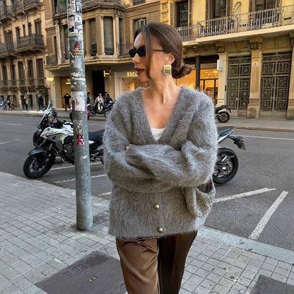 Women Fluffy Mohair-Optics Oversize Cardigan with V-Neck and Golden Decorative Buttons EVA-US