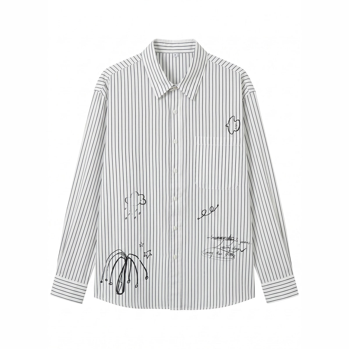 Women's oversized shirt blouse made of cotton blend with pinstripes, chest pocket, and doodle print EVA-US