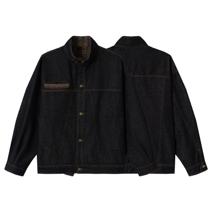 Unisex Oversized Denim Jacket with Funnel Neck and Decorative Chest Flap EVA-US