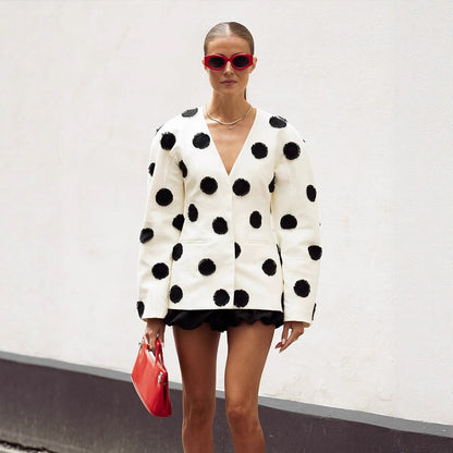 Women Tailored Blazer with Deep V-Neck, Voluminous Sleeves, and Polka Dot Applications EVA-US