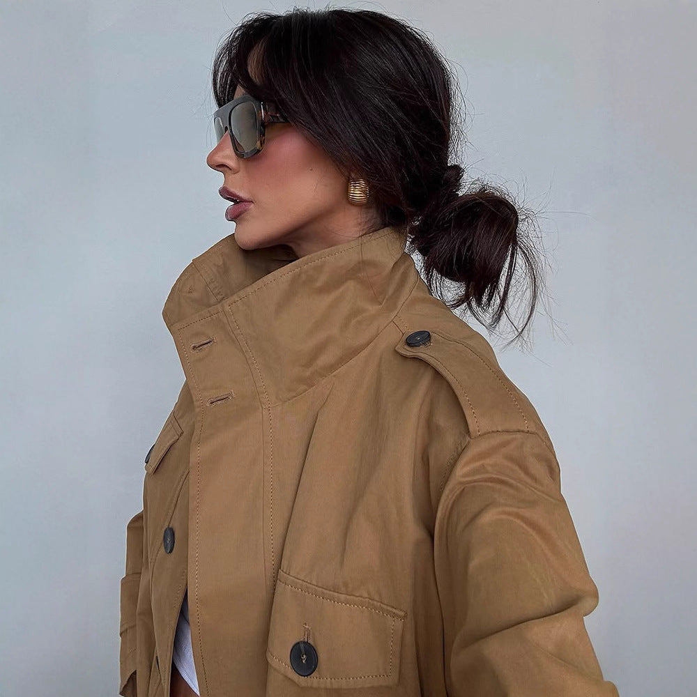 Ladies Lightweight Cotton Field Coat with Stand-up Collar, Shoulder Straps & Applied Flap Pockets EVA-US